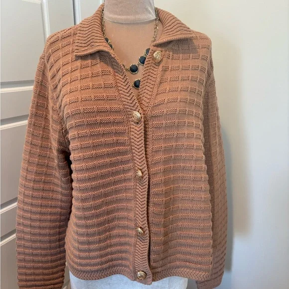 Talbots Tan Textured Knit Cardigan w/ Gold Buttons - Picture 3 of 8
